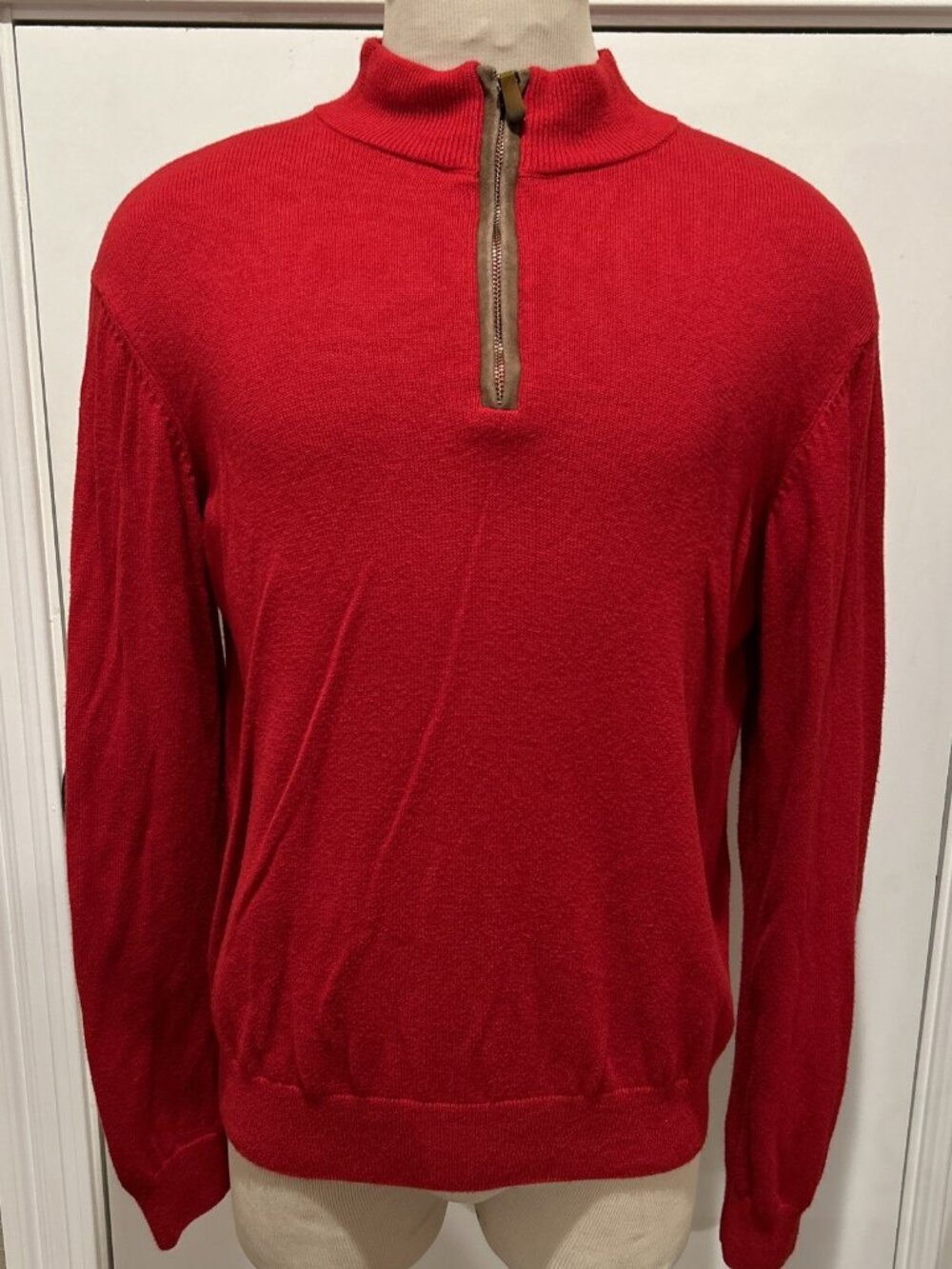 Vineyard Vines Sweater Mens L Red Pullover 1/4 Zip Pima Baby Alpaca Elbow Patch - Picture 2 of 11
